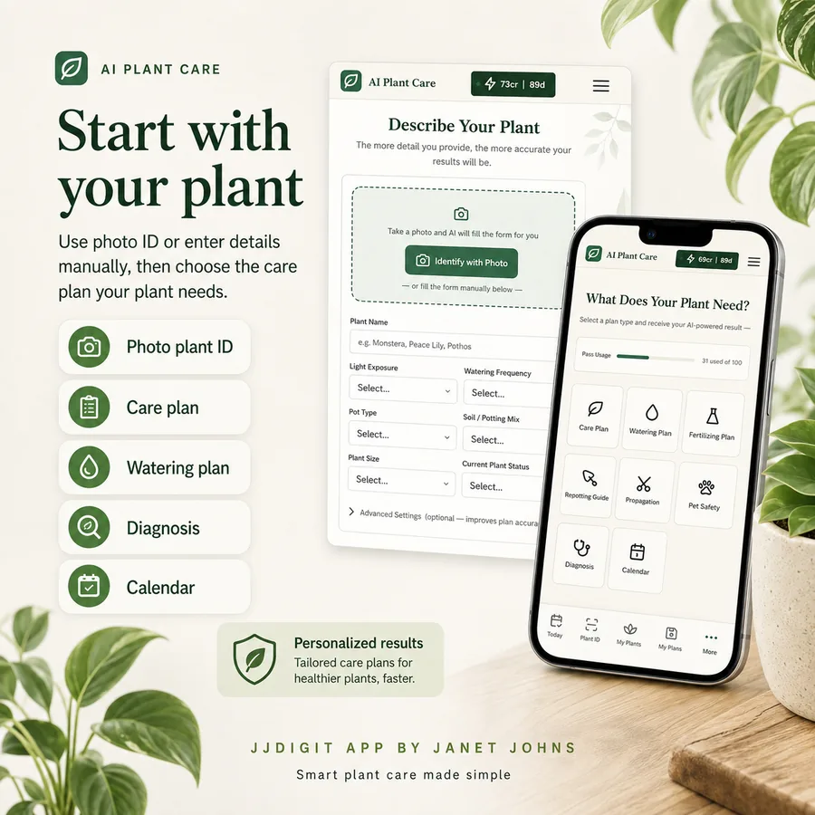 Plant photo identification and care-plan selection screens in the AI Plant Care Guide
