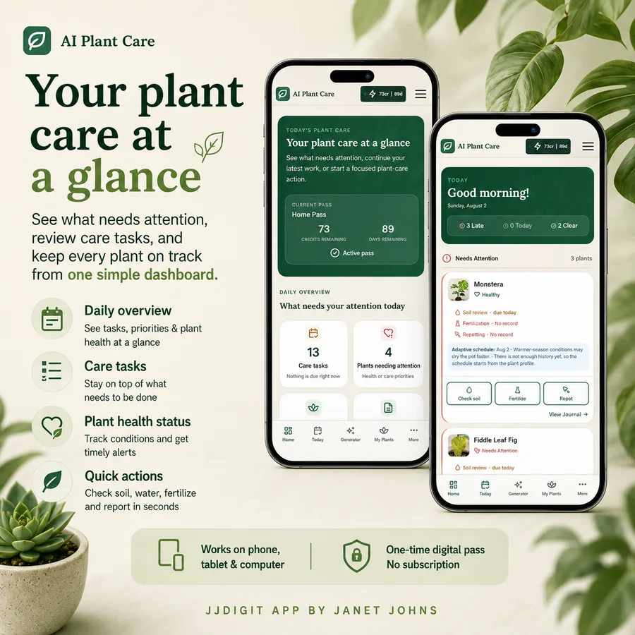 AI Plant Care dashboard with daily overview, priorities, health status, and quick actions
