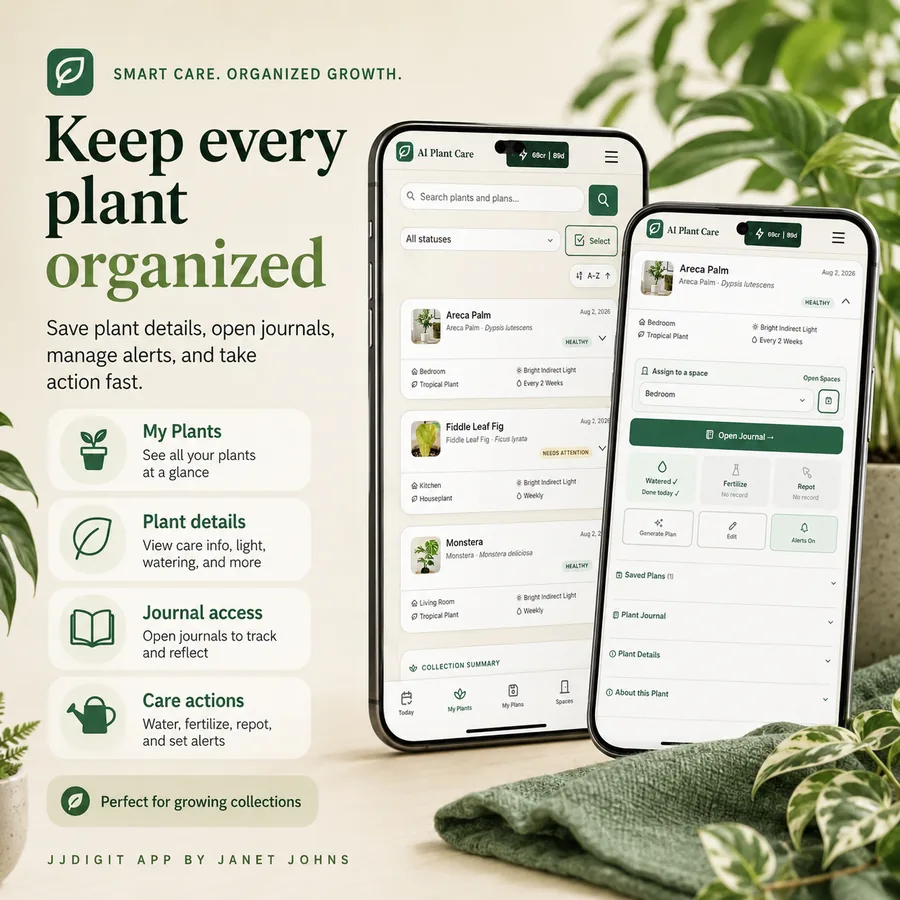 Organized plant collection with search, plant details, journals, and care actions