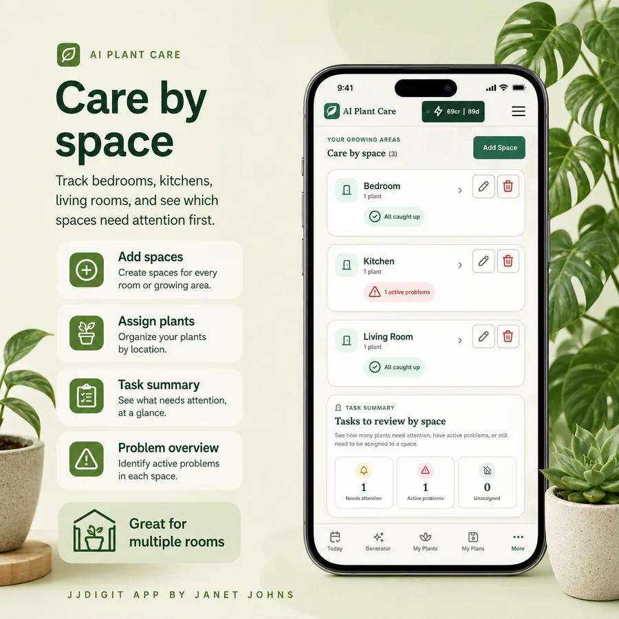Care by space screen organizing plants by bedroom, kitchen, and living room