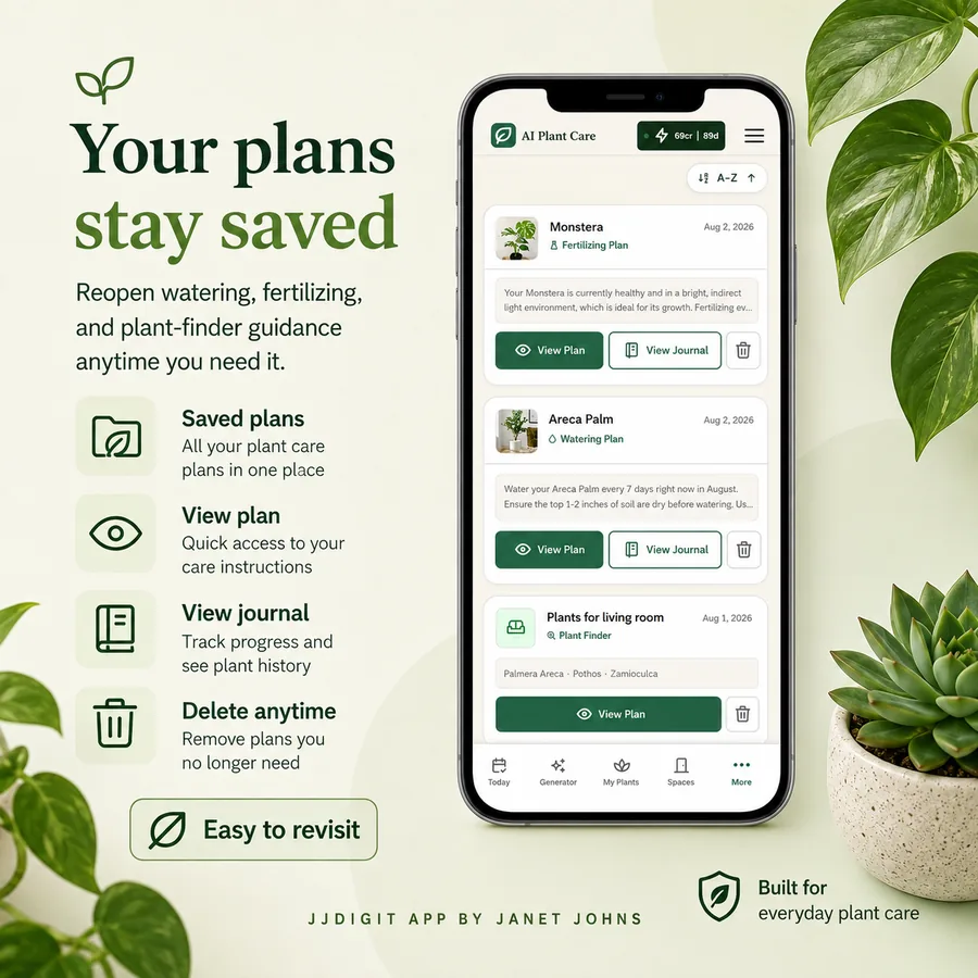 Saved plant-care plans with quick access to plans, journals, and delete controls