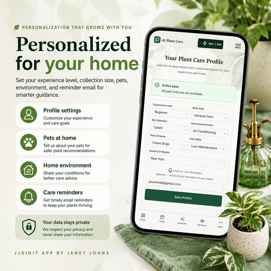 Personalized plant-care profile settings for experience, pets, environment, and reminders