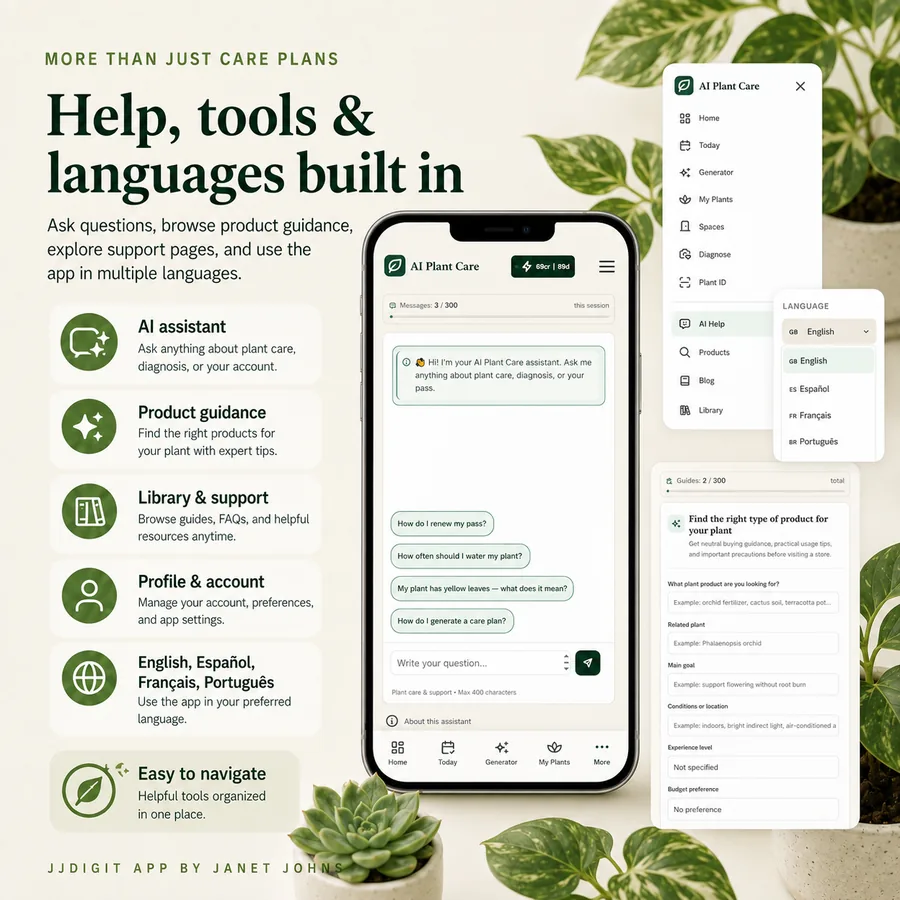 AI assistant, product guidance, library, support, profile, and multiple language tools