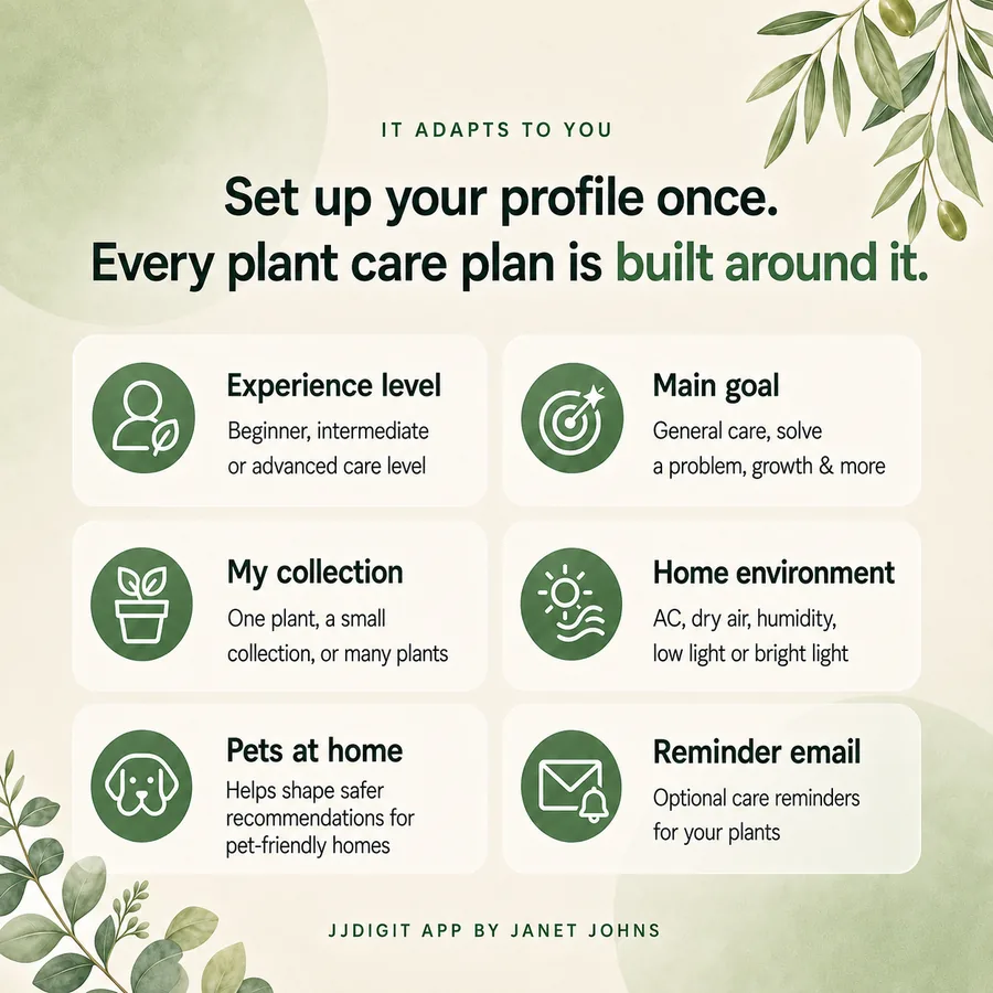 Profile personalization options for experience, goals, collection, environment, pets, and reminders